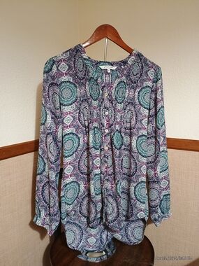 Foxcroft Teal & Purple Medallion Button-Front Blouse
